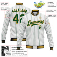 Load image into Gallery viewer, Custom White Green Pinstripe Old Gold-Black Bomber Full-Snap Varsity Letterman Jacket