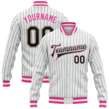 Load image into Gallery viewer, Custom White Green Pinstripe Pink Bomber Full-Snap Varsity Letterman Jacket