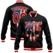 Load image into Gallery viewer, Custom Black Red-White Skull With American Flag 3D Bomber Full-Snap Varsity Letterman Jacket