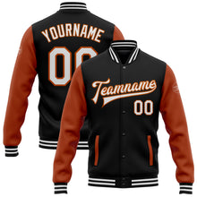 Load image into Gallery viewer, Custom Black White-Texas Orange Bomber Full-Snap Varsity Letterman Two Tone Jacket