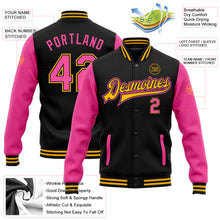 Load image into Gallery viewer, Custom Black Pink-Gold Bomber Full-Snap Varsity Letterman Two Tone Jacket