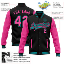 Load image into Gallery viewer, Custom Black Pink-Teal Bomber Full-Snap Varsity Letterman Two Tone Jacket