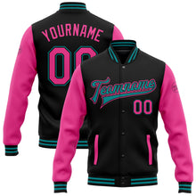 Load image into Gallery viewer, Custom Black Pink-Teal Bomber Full-Snap Varsity Letterman Two Tone Jacket