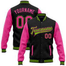 Load image into Gallery viewer, Custom Black Pink-Neon Green Bomber Full-Snap Varsity Letterman Two Tone Jacket