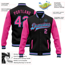 Load image into Gallery viewer, Custom Black Pink-Sky Blue Bomber Full-Snap Varsity Letterman Two Tone Jacket