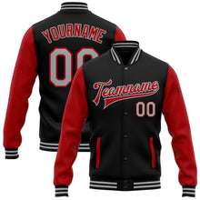 Load image into Gallery viewer, Custom Black Gray-Red Bomber Full-Snap Varsity Letterman Two Tone Jacket