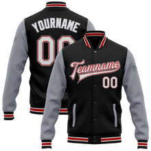 Load image into Gallery viewer, Custom Black White Red-Gray Bomber Full-Snap Varsity Letterman Two Tone Jacket