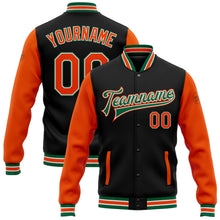 Load image into Gallery viewer, Custom Black Orange-Kelly Green Bomber Full-Snap Varsity Letterman Two Tone Jacket