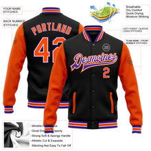 Load image into Gallery viewer, Custom Black Orange-Purple Bomber Full-Snap Varsity Letterman Two Tone Jacket