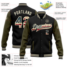 Load image into Gallery viewer, Custom Black Vintage USA Flag Cream-Olive Bomber Full-Snap Varsity Letterman Two Tone Jacket