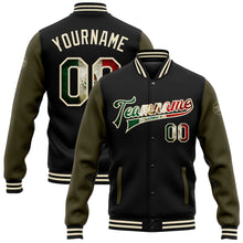 Load image into Gallery viewer, Custom Black Vintage Mexican Flag Cream-Olive Bomber Full-Snap Varsity Letterman Two Tone Jacket