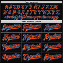 Load image into Gallery viewer, Custom Black Powder Blue-Orange Bomber Full-Snap Varsity Letterman Two Tone Jacket