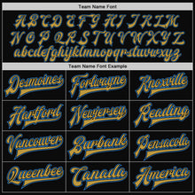 Load image into Gallery viewer, Custom Black Powder Blue-Old Gold Bomber Full-Snap Varsity Letterman Two Tone Jacket