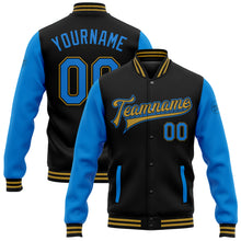 Load image into Gallery viewer, Custom Black Powder Blue-Old Gold Bomber Full-Snap Varsity Letterman Two Tone Jacket
