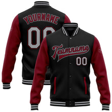 Load image into Gallery viewer, Custom Black Gray-Crimson Bomber Full-Snap Varsity Letterman Two Tone Jacket