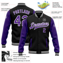 Load image into Gallery viewer, Custom Black Purple-White Bomber Full-Snap Varsity Letterman Two Tone Jacket