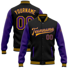 Load image into Gallery viewer, Custom Black Purple-Gold Bomber Full-Snap Varsity Letterman Two Tone Jacket