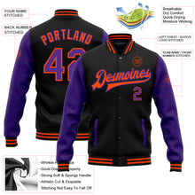 Load image into Gallery viewer, Custom Black Purple-Orange Bomber Full-Snap Varsity Letterman Two Tone Jacket