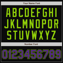 Load image into Gallery viewer, Custom Black Purple-Neon Green Bomber Full-Snap Varsity Letterman Two Tone Jacket
