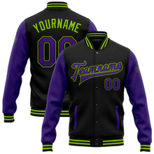 Load image into Gallery viewer, Custom Black Purple-Neon Green Bomber Full-Snap Varsity Letterman Two Tone Jacket