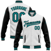 Load image into Gallery viewer, Custom White Teal-Black Bomber Full-Snap Varsity Letterman Two Tone Jacket