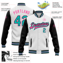 Load image into Gallery viewer, Custom White Aqua-Pink Bomber Full-Snap Varsity Letterman Two Tone Jacket