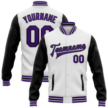 Load image into Gallery viewer, Custom White Purple-Black Bomber Full-Snap Varsity Letterman Two Tone Jacket