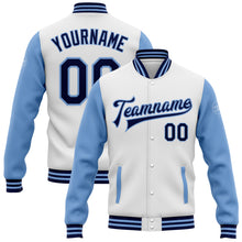 Load image into Gallery viewer, Custom White Navy-Light Blue Bomber Full-Snap Varsity Letterman Two Tone Jacket