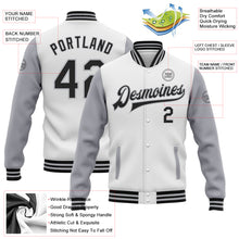 Load image into Gallery viewer, Custom White Black-Gray Bomber Full-Snap Varsity Letterman Two Tone Jacket