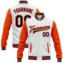 Load image into Gallery viewer, Custom White Black-Orange Bomber Full-Snap Varsity Letterman Two Tone Jacket