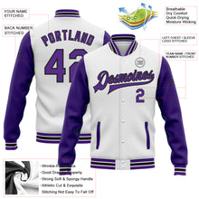 Load image into Gallery viewer, Custom White Purple-Black Bomber Full-Snap Varsity Letterman Two Tone Jacket