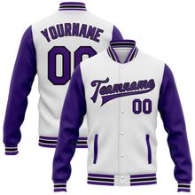 Load image into Gallery viewer, Custom White Purple-Black Bomber Full-Snap Varsity Letterman Two Tone Jacket