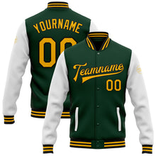 Load image into Gallery viewer, Custom Green Gold-Black Bomber Full-Snap Varsity Letterman Two Tone Jacket
