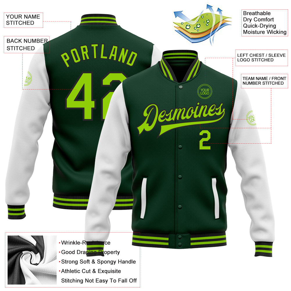 Custom Fluorescent Green White Varsity Full-Zip Raglan Sleeves Stripe Letterman Bomber Jacket main image 0