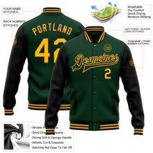 Load image into Gallery viewer, Custom Green Gold-Black Bomber Full-Snap Varsity Letterman Two Tone Jacket