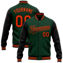 Load image into Gallery viewer, Custom Green Orange-Black Bomber Full-Snap Varsity Letterman Two Tone Jacket