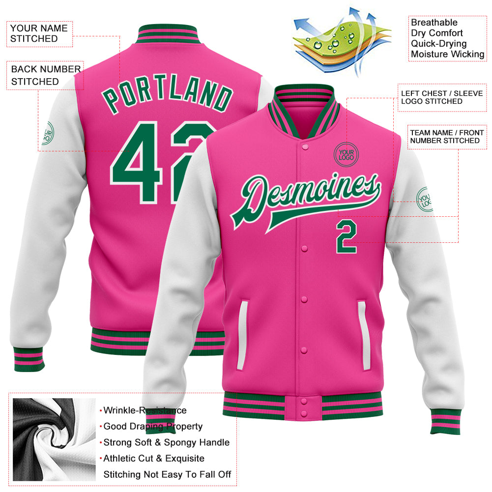 Custom Gray Pink K-Ribbon Raglan Sleeves Varsity Full-Snap Color Block Letterman Jacket main image 0