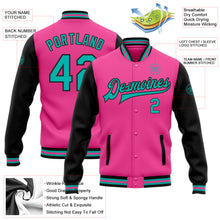 Load image into Gallery viewer, Custom Pink Aqua-Black Bomber Full-Snap Varsity Letterman Two Tone Jacket