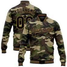 Load image into Gallery viewer, Custom Camo Black-Old Gold Jungle Camouflage 3D Bomber Full-Snap Varsity Letterman Salute To Service Jacket