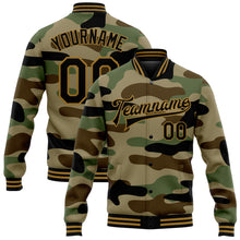 Load image into Gallery viewer, Custom Camo Black-Old Gold Jungle Camouflage 3D Bomber Full-Snap Varsity Letterman Salute To Service Jacket