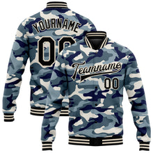 Load image into Gallery viewer, Custom Camo Black-Cream Ocean Camouflage 3D Bomber Full-Snap Varsity Letterman Salute To Service Jacket