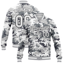 Load image into Gallery viewer, Custom Camo White-Steel Gray Snow Camouflage 3D Bomber Full-Snap Varsity Letterman Salute To Service Jacket