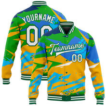 Load image into Gallery viewer, Custom Graffiti Pattern White-Kelly Green Hiphop Abstract Urban Street Art 3D Bomber Full-Snap Varsity Letterman Jacket