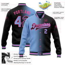 Load image into Gallery viewer, Custom Black Light Blue-Pink Bomber Full-Snap Varsity Letterman Gradient Fashion Jacket