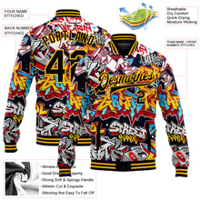 Load image into Gallery viewer, Custom Graffiti Pattern Black-Gold Grunge Urban Street Art 3D Bomber Full-Snap Varsity Letterman Jacket