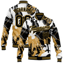 Load image into Gallery viewer, Custom Graffiti Pattern Black-Old Gold Grunge Art 3D Bomber Full-Snap Varsity Letterman Jacket