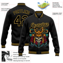 Load image into Gallery viewer, Custom Black Old Gold Skull Fashion 3D Bomber Full-Snap Varsity Letterman Jacket