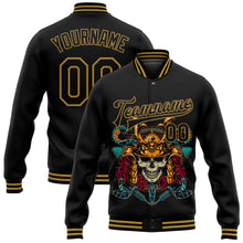 Load image into Gallery viewer, Custom Black Old Gold Skull Fashion 3D Bomber Full-Snap Varsity Letterman Jacket