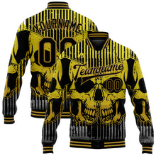 Load image into Gallery viewer, Custom Black Old Gold Skull With Butterfly 3D Bomber Full-Snap Varsity Letterman Jacket