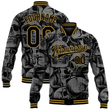 Load image into Gallery viewer, Custom Black Old Gold Skull Fashion 3D Bomber Full-Snap Varsity Letterman Jacket